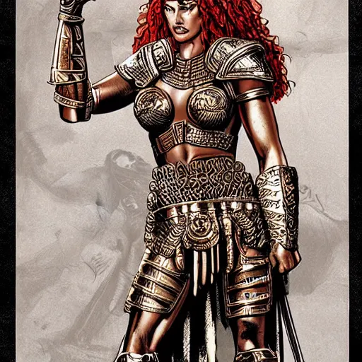 Prompt: greek amazon warrior, a tall beautiful woman with bronzed skin and long red hair, dressed in hellenistic body armour, intricate, elegant, highly detailed, smooth, sharp focus, detailed face, high contrast, graphic novel, art by alan davis,