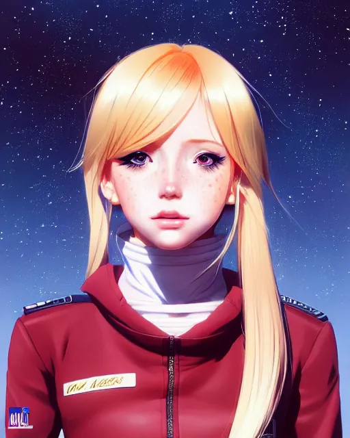 Prompt: portrait Anime freckled blonde space cadet girl Anna Lee Fisher anime cute-fine-face, pretty face, realistic shaded Perfect face, fine details. Anime. realistic shaded lighting by Ilya Kuvshinov Giuseppe Dangelico Pino and Michael Garmash and Rob Rey, IAMAG premiere, aaaa achievement collection, elegant freckles, fabulous