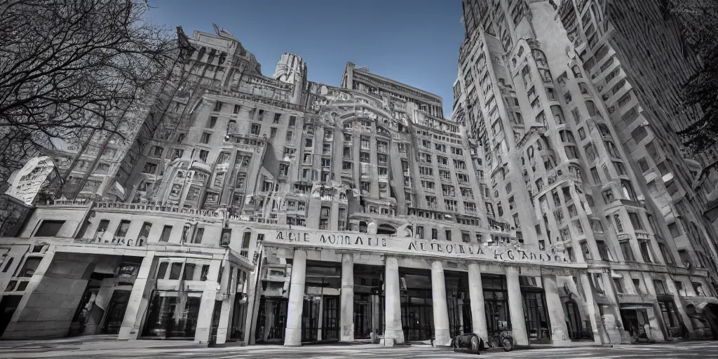 Image similar to outside the waldorf astoria main entrance, wide angle lens, high quality, architectural photoshoot