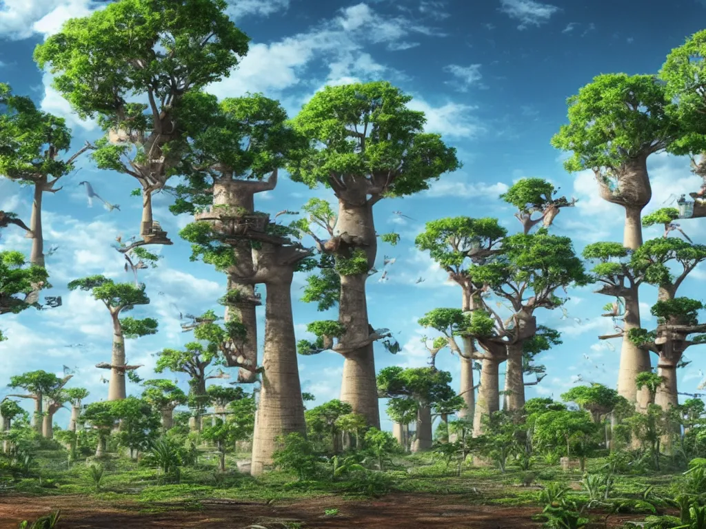 Image similar to a science fiction scene in madagascar with baobabs and lemurs, 4 k