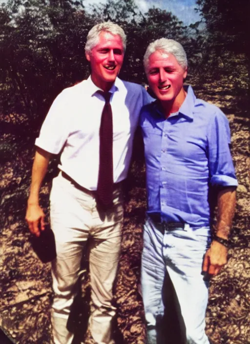 Image similar to polaroid of jeffrey epstein and bill clinton on an island