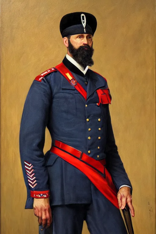 Image similar to full body portrait of the dictator of the detroit pistons, 1 8 8 9, in full military garb, oil on canvas by william sidney mount, trending on artstation