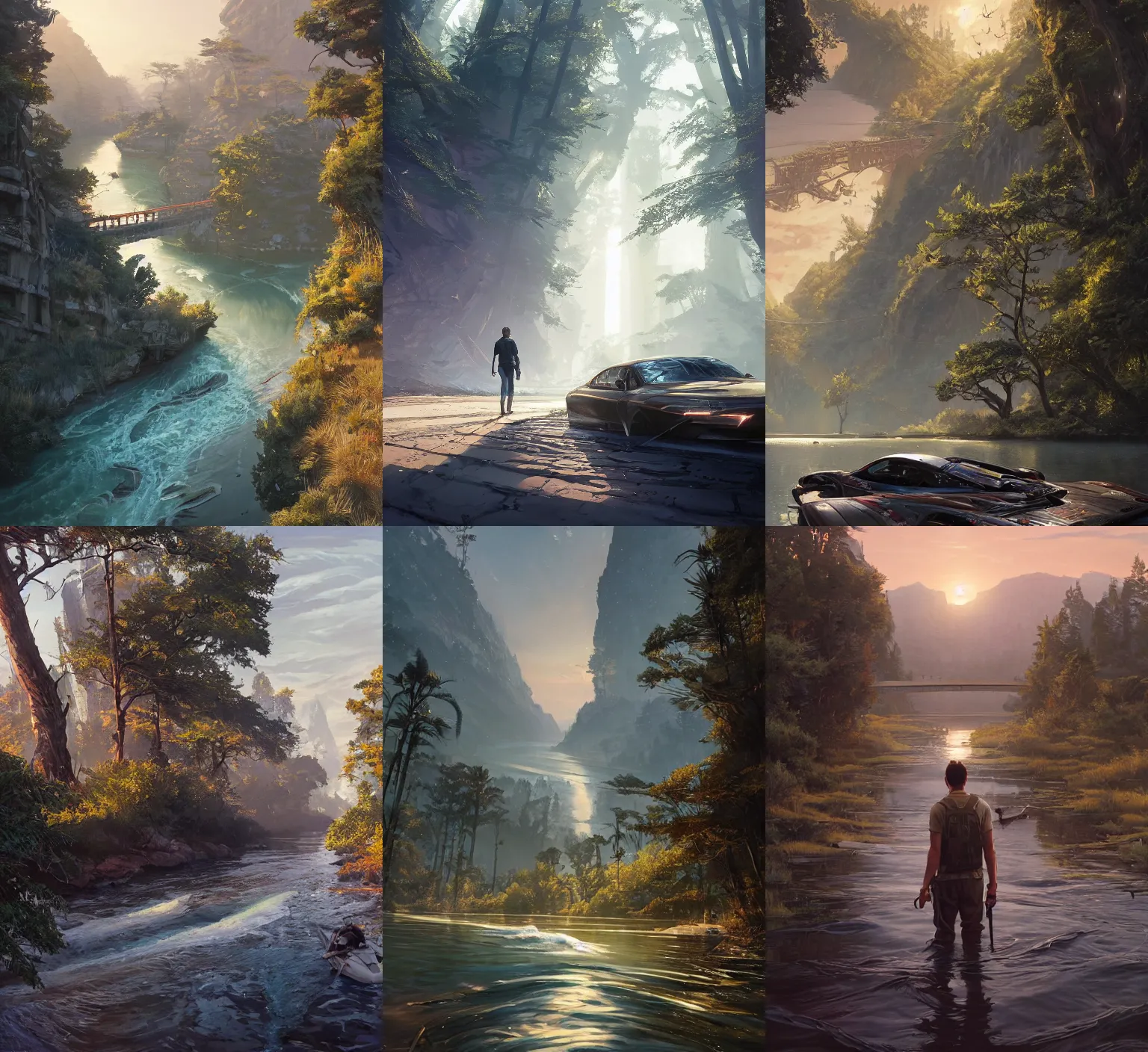 Prompt: highly detailed vanishing - point river, in gta v, stephen bliss, unreal engine, fantasy art by greg rutkowski, loish, rhads, ferdinand knab, makoto shinkai and lois van baarle, ilya kuvshinov, rossdraws, tom bagshaw, global illumination, radiant light, detailed and intricate environment