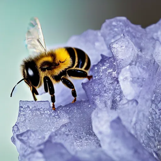 Prompt: a bee trying to reach a flower made of ice, beautiful macro photography, ambient light