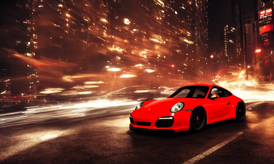 Image similar to photo of a porsche 911 at night drifting through a city, octane render, cinematic, 4k, long exposure photography, tokyo drift, fast and furious, film still, night photography, motion blur, lens flare, movie shot, light trail, distortion, wide angle