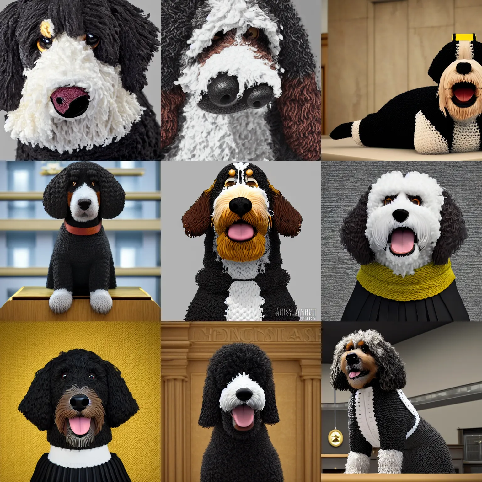 Prompt: a closeup photorealistic illustration of a smiling knitted bernedoodle judge dog dressed in a black gown, presiding over the courthouse. scales of justice and a gavel. this 4 k hd image is trending on artstation, featured on behance, well - rendered, extra crisp, features intricate detail, epic composition and the style of unreal engine.