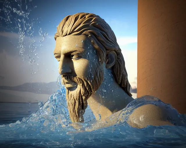 Image similar to a giant abstract sculpture of a legendary greek warrior god on the water, in the style of thomas schutte, award winning, cinematic, hyper - realistic, very detailed, realistic water splashes, ray tracing, 8 k resolution, long - shot, sharp focus, low angle, 8 5 mm photograph, wide lens