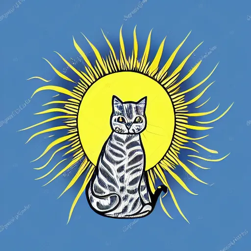 Image similar to tattoo sketch of a cat hugging the sun, on a yellow paper, african ornament, minimalism, vector