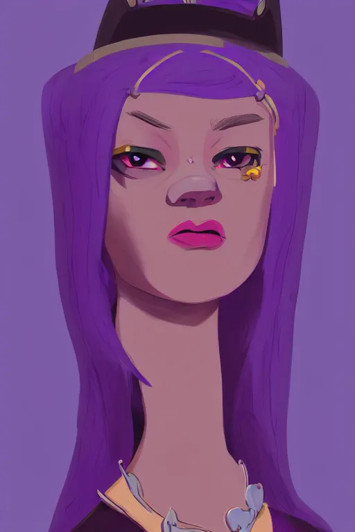 Image similar to a portrait of humanization of princess purple from adventure time, grim - lighting, high - contrast, intricate, elegant, highly detailed, digital painting, artstation, concept art, smooth, sharp focus, illustration