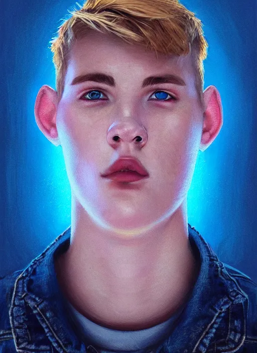 Image similar to portrait of high school senior boy named big moose, blonde short hair, jock, beefy, wide face, square jaw, square facial structure, blue varsity jacket with his name, intricate, elegant, glowing lights, highly detailed, digital painting, artstation, concept art, sharp focus, illustration, art by wlop, mars ravelo and greg rutkowski