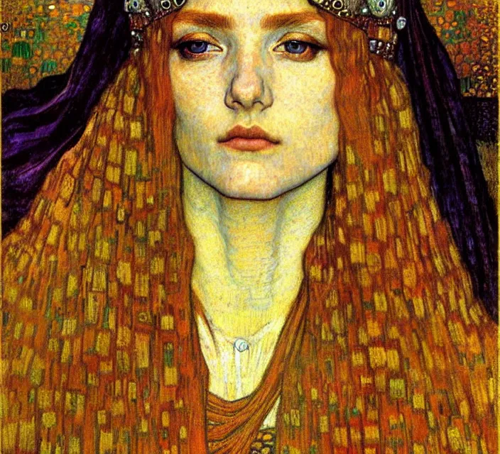 Image similar to detailed realistic beautiful young medieval queen face portrait by jean delville, gustav klimt and vincent van gogh, art nouveau, symbolist, visionary, gothic, pre - raphaelite, muted earthy colors, desaturated