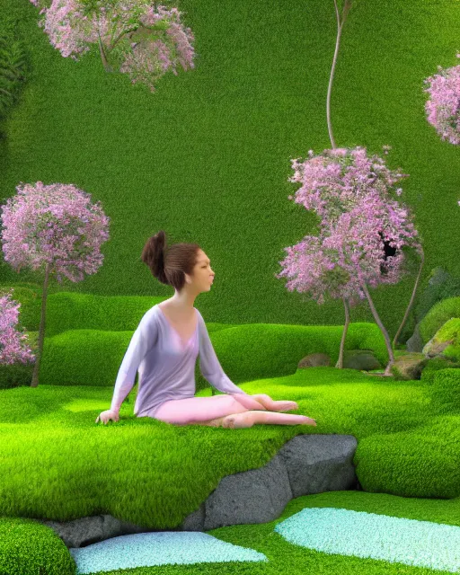 Image similar to hyper realistic render of a heavenly garden of peace, filled with trees, stone slab, flowers, moss, ferns, a girl meditating at a distance, trending on artstation, volumetric lighting, hyper realistic, hyper detailed, high quality render, blender guru