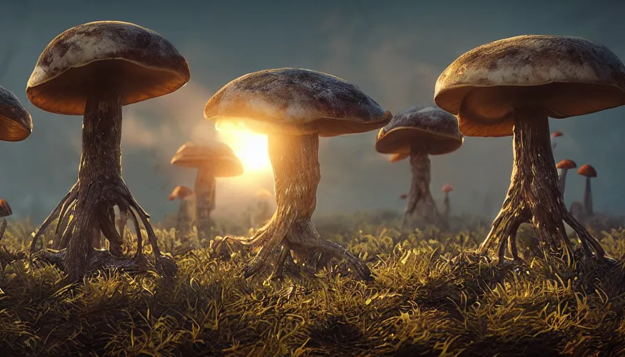 Prompt: hyper realistic highly detailed nature photography of mushroom skeleton zombies, prehistoric planet, volumetric lighting, octane render, 4 k resolution, golden hour