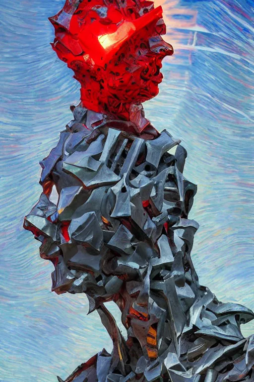 Prompt: realistic 8k Umberto Boccioni Sculpture of random jagged reflective metal pieces forming the shape of a person silhouetted by a bright red sun, volumetric god rays, glinting metal, neon colors, cyberpunk, smooth, sharp focus, 24mm lens, DOF, hyper realistic, art by Greg Rutkowski and Ruan Jia and Giger