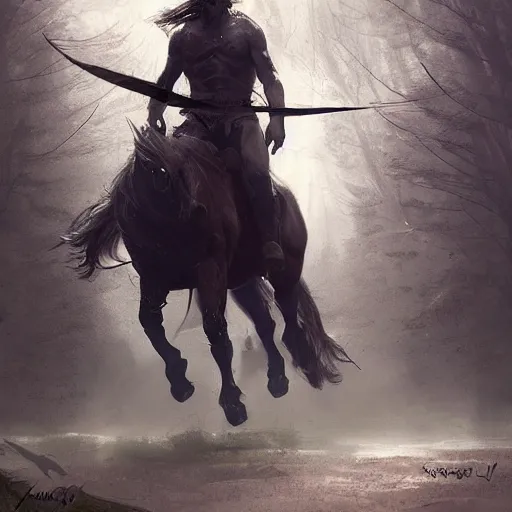 Image similar to Adam Driver as a centaur warrior, human torso on a horse body, galloping through the forest, digital art, fantasy art by Greg Rutkowski
