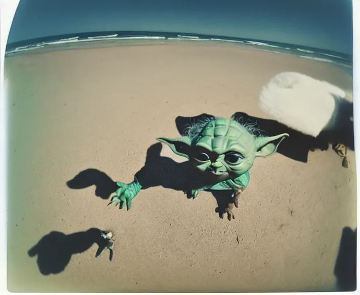 Prompt: polaroid photograph of a very detailed baby yoda!!. grogu. at the beach next to a big seagull!!!!. photo by martin parr and annie lebovitz. fisheye lens