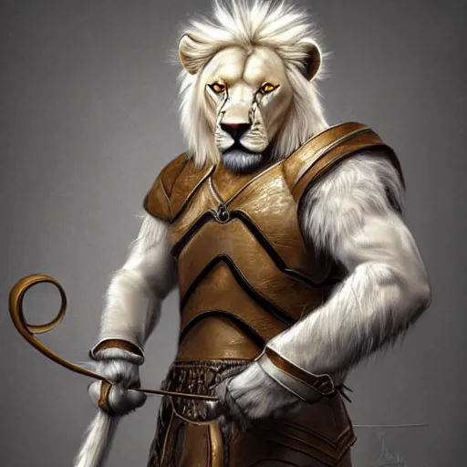 Image similar to an albino anthro lion holding a bow,dressed in leather armor,art by artgerm,photorealistic,highly detailed,8k,artstation,deviantart,detailed face