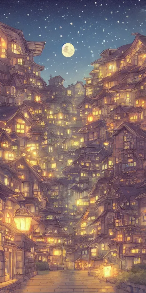 Image similar to a serene painting of a town at night, the moon and stars, by studio ghibli, highly - detailed, anime, artstation, deviantart