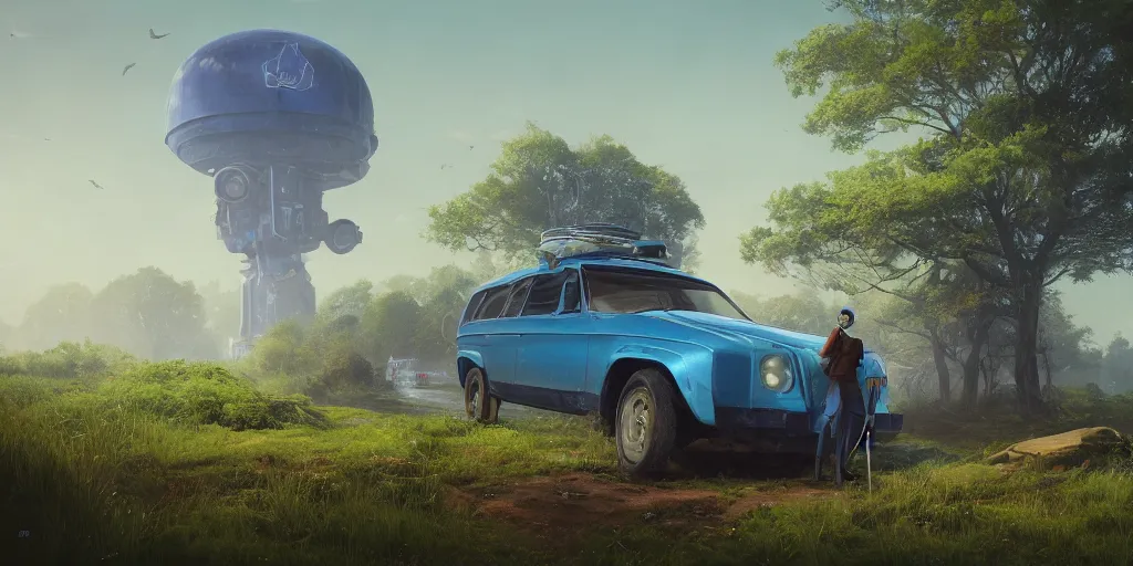 Prompt: blue knight sits on top of a green car, elegant scene, indian forest, wide angle, cinematic, ultrarealistic, trending on artstation, cgsociety, highly detailed, color graded, rendered in unreal engine 4 k hq, matte painting, by simon stalenhag, horizon forbidden west