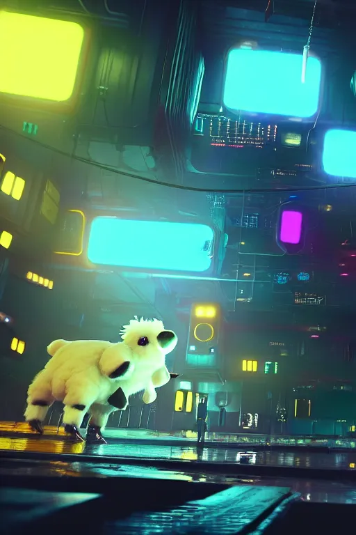 Image similar to high quality 3 d render very cute neuromancer fluffy! cyborg cow playing! drums!!, highly detailed, unreal engine cinematic smooth, in the style of blade runner & detective pikachu, hannah yata charlie immer, moody light, low angle, uhd 8 k, sharp focus