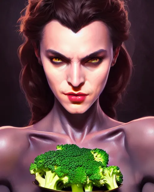 Image similar to Close-up stunning portrait of Batman eating broccoli, digital painting, concept art, highly detailed, digital painting, Trending on Artstation, 8K, by artgerm and greg rutkowski and alphonse mucha