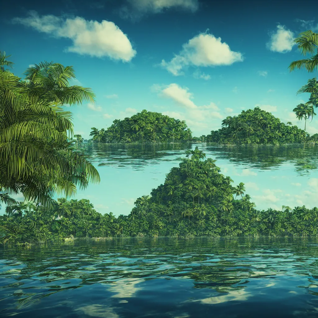 Prompt: island on a beautiful serene lake, ripples, tropical foliage intricate details, reflections, ripples, album cover, glowing sky, hyperdetailed illustration, octane render, low light