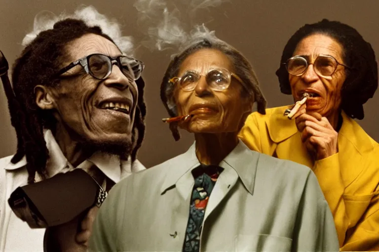 Image similar to Rosa Parks smoking cannabis from a bong , next to Bob Marley; cinema film; art direction; 4K; 8K; dramatic Studio lighting by John Gaeta