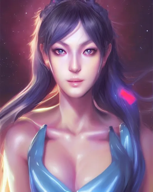 Image similar to A realistic anime portrait of a beautiful cosmic woman with glowing blue eyes and cosmic skin wearing clothes made of universes, digital painting, by Stanley Artgerm Lau, Sakimichan, WLOP and Rossdraws, digtial painting, trending on ArtStation, SFW version