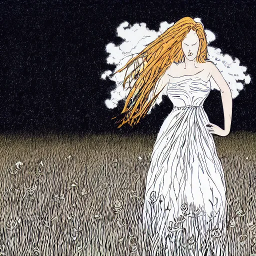 Prompt: The illustration depicts a woman standing in a field of ashes, her dress billowing in the wind. Her hair is wild and her eyes are closed, and she seems to be in a trance-like state. The illustration is dark and atmospheric, and the ashes in the field seem to be almost alive, swirling around. by Charles Vess hyperdetailed