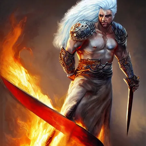 Image similar to Lionman with white hair walking away from a burning city, full body art, wielding a longsword with blue gemstones lining the blade, Painted By Aleksi Briclot, Dim Lighting
