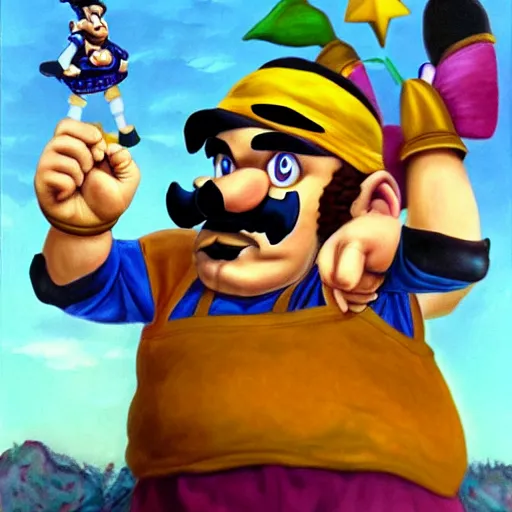 Image similar to wario from the mario series oil painted self - portrait ( greatly painted, beautifully painted by a renowned artist, greatly detailed. good quality painting, uhd, 4 k )