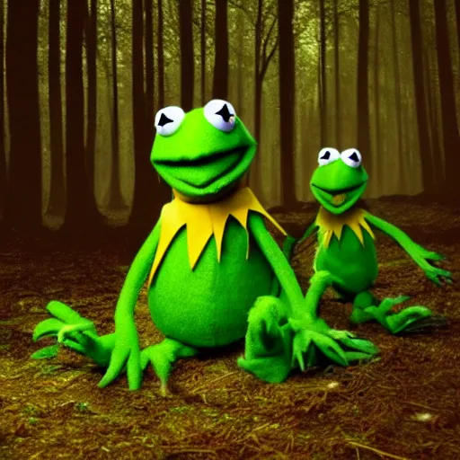 Image similar to demonic muppets in magical forest, kermit, elmo, dark atmosphere, soft lighting, high detail, 8 k