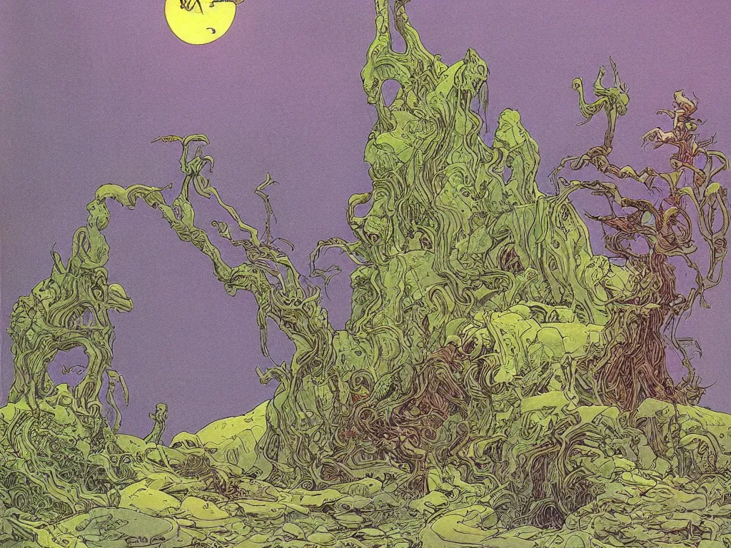Image similar to moebius drawing painting lush alien landscape