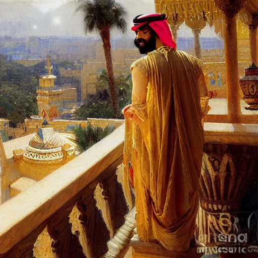 Image similar to attractive arab king confesses that is in love with his attractive male prince, in balcony of palace, above a river. highly detailed painting by gaston bussiere, craig mullins, j. c. leyendecker