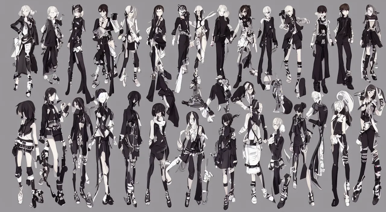 Prompt: fashion, shibuya, anime, game, characters reference sheet, high quality, ultra detailed