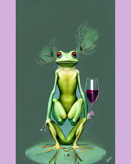 Image similar to anthropomorphic art of an elegant green frog, with wine, in a lilac dressing gown by artgerm, victo ngai, ryohei hase, artstation, highly detailed digital painting, smooth, global illumination, fantasy art by greg rutkowsky, karl spitzweg, leyendecker