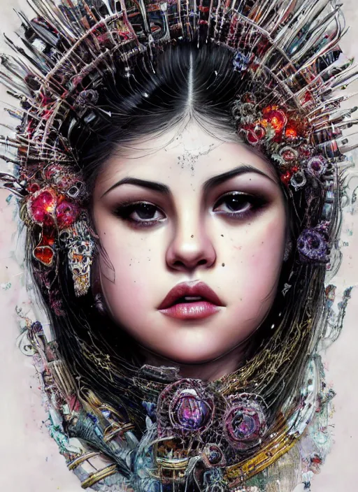 Image similar to expressive photo of selena gomez mixed with sophia lauren, bumpy mottled skin full of blood and scars, ornate headpiece made from crystals, cables and wires, hypermaximalist, elegant, body horror, by karol bak nd yoshitaka amano and greg rutkowski and jeremyg lipkinng and artgerm, photorealistic