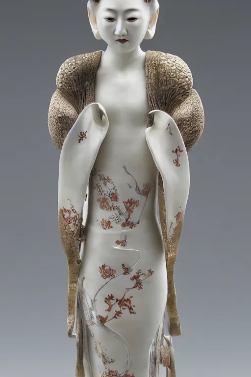 Prompt: a beautiful crafted and rendered porcelain sculpture, japanese, influenced, thast is turning itself inside, rotated, hyperrealistic and high details and minimalistic ornaments