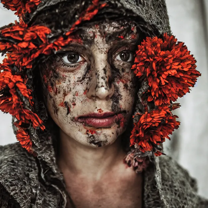 Prompt: a closeup portrait of a woman wearing a hooded cloak made of zinnias and barbed wire, in a derelict house, by Omar Z. Robles, natural light, detailed face, CANON Eos C300, ƒ1.8, 35mm, 8K, medium-format print