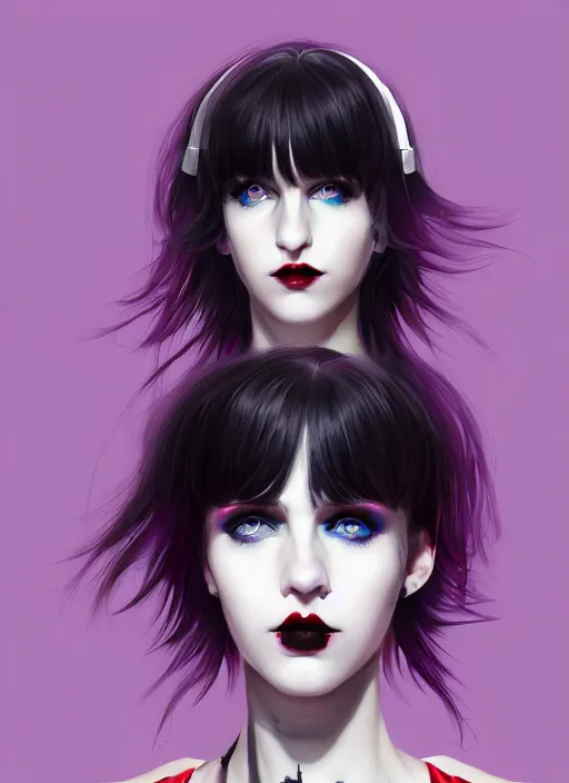 Image similar to portrait of white teenage girl, normal face, black bangs, mall goth, cyberlox, black and white hair, bangs, fluffy bangs, red contacts, purple lipstick, intricate, elegant, highly detailed, digital painting, artstation, concept art, sharp focus, smooth, illustration, art by wlop, mars ravelo and greg rutkowski