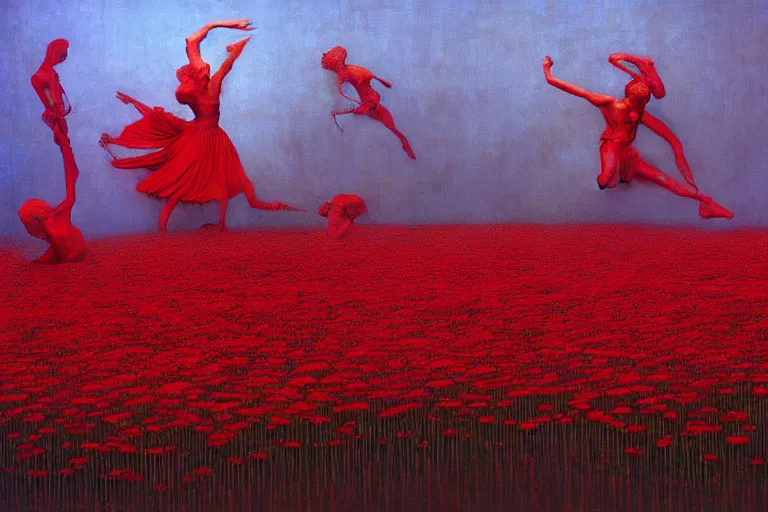 Image similar to only with red, a red expanse of flowers of different types, castle, goblins dance over the flowers in the style of beksinski, parts by edward hopper, parts by rodcenko, parts by yue minjun, intricate and epic composition, red by caravaggio, insanely quality, highly detailed, masterpiece, red light, artstation, 4 k