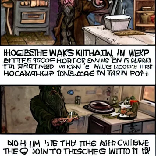 Image similar to british magical hobo breaks into some ork's kitchen and attacks them