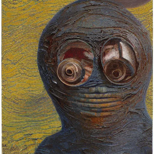 Prompt: a detailed, impasto painting by shaun tan and louise bourgeois of an abstract forgotten sculpture by ivan seal and the caretaker, album cover
