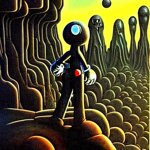 Image similar to old mario walking on an alien planet, painting by h. r. giger