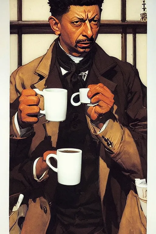 Image similar to attractive 2 1 savage drinking coffee, painting by j. c. leyendecker, yoji shinkawa, katayama bokuyo