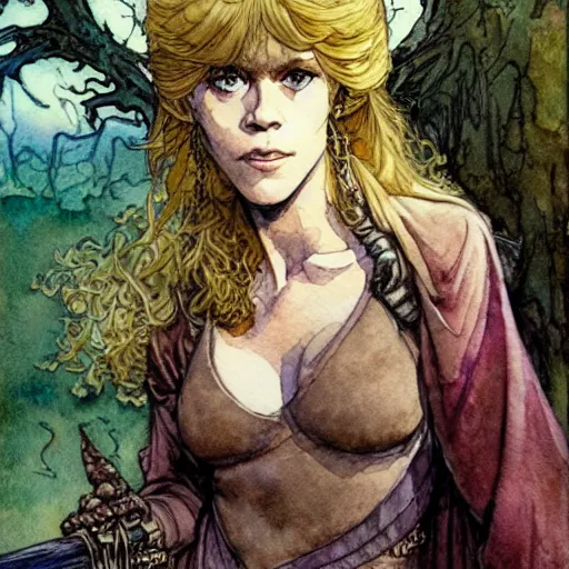 Image similar to a realistic and atmospheric watercolour fantasy character concept art portrait of a young jane fonda in her 2 0 s as a druidic warrior wizard looking at the camera with an intelligent gaze by rebecca guay, michael kaluta, charles vess and jean moebius giraud