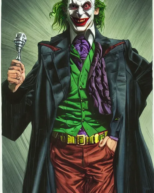 Prompt: portrait of saul goodman as the joker, batman mask, art by neil gaiman and peter elson, bernie wrightson