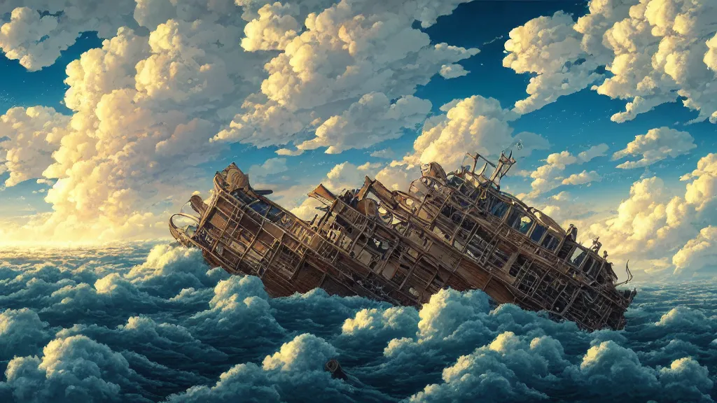 Prompt: highly detailed illustration of a shipwreck in the clouds of the sky and lots of high exposure cummulonimbus clouds by makoto shinkai, by oliver vernon, by joseph moncada, by damon soule, by manabu ikeda, by kyle hotz, by dan mumford, by otomo, 4 k resolution