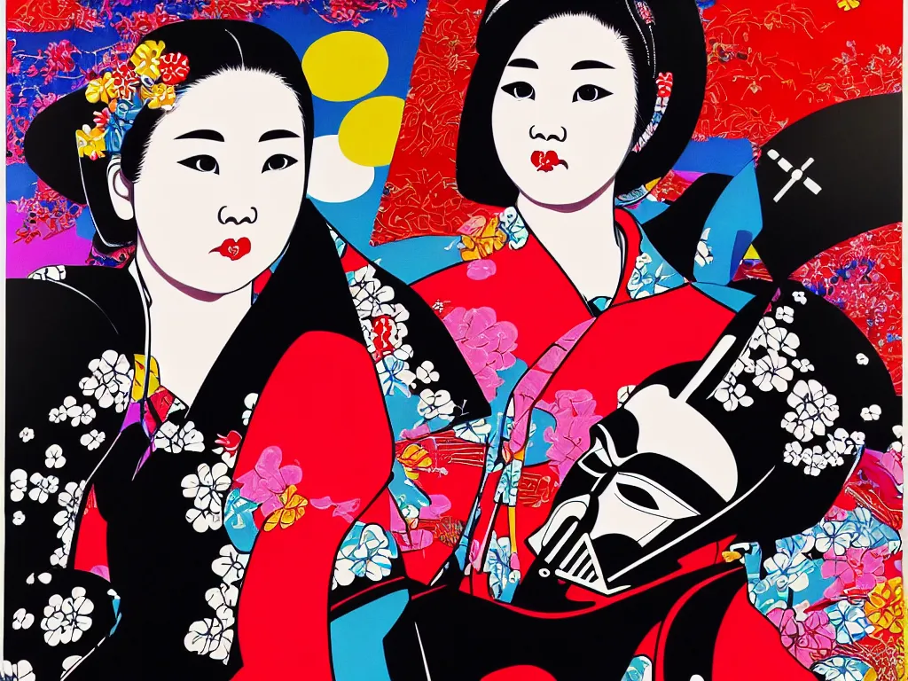 Image similar to hyperrealistic composition of the detailed woman in a japanese kimono sitting at a poker table with detailed darth vader, fireworks, mount fuji on the background, pop - art style, jacky tsai style, andy warhol style, acrylic on canvas