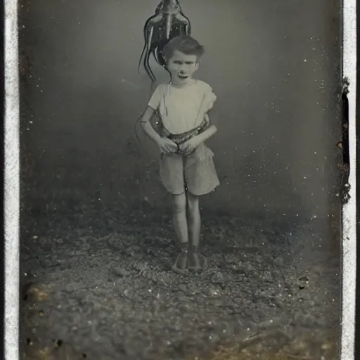 Prompt: tintype photo, boy rides a squid, underwater, jellyfish